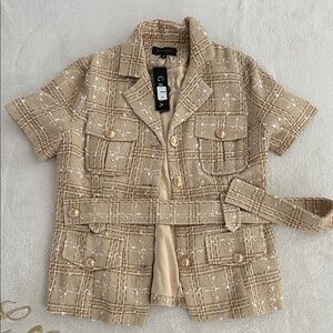 Gracia Tan Plaid Short Sleeve Blazer medium NWT boucle with belt